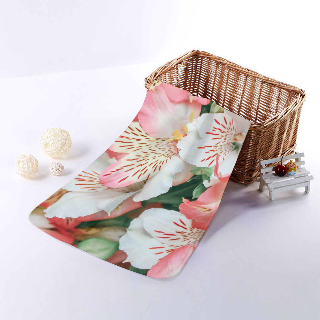 White And Pink Alstroemeria Print Towel
