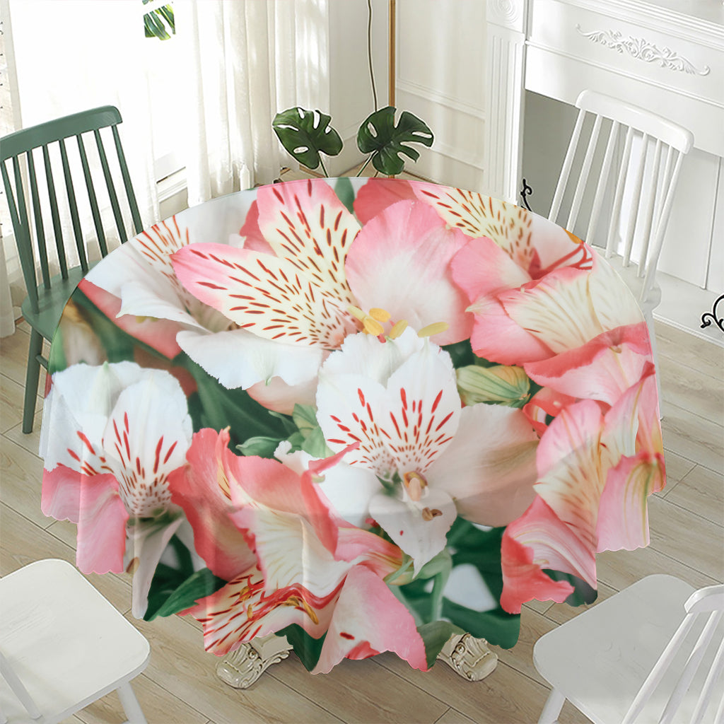 White And Pink Alstroemeria Print Waterproof Round Tablecloth