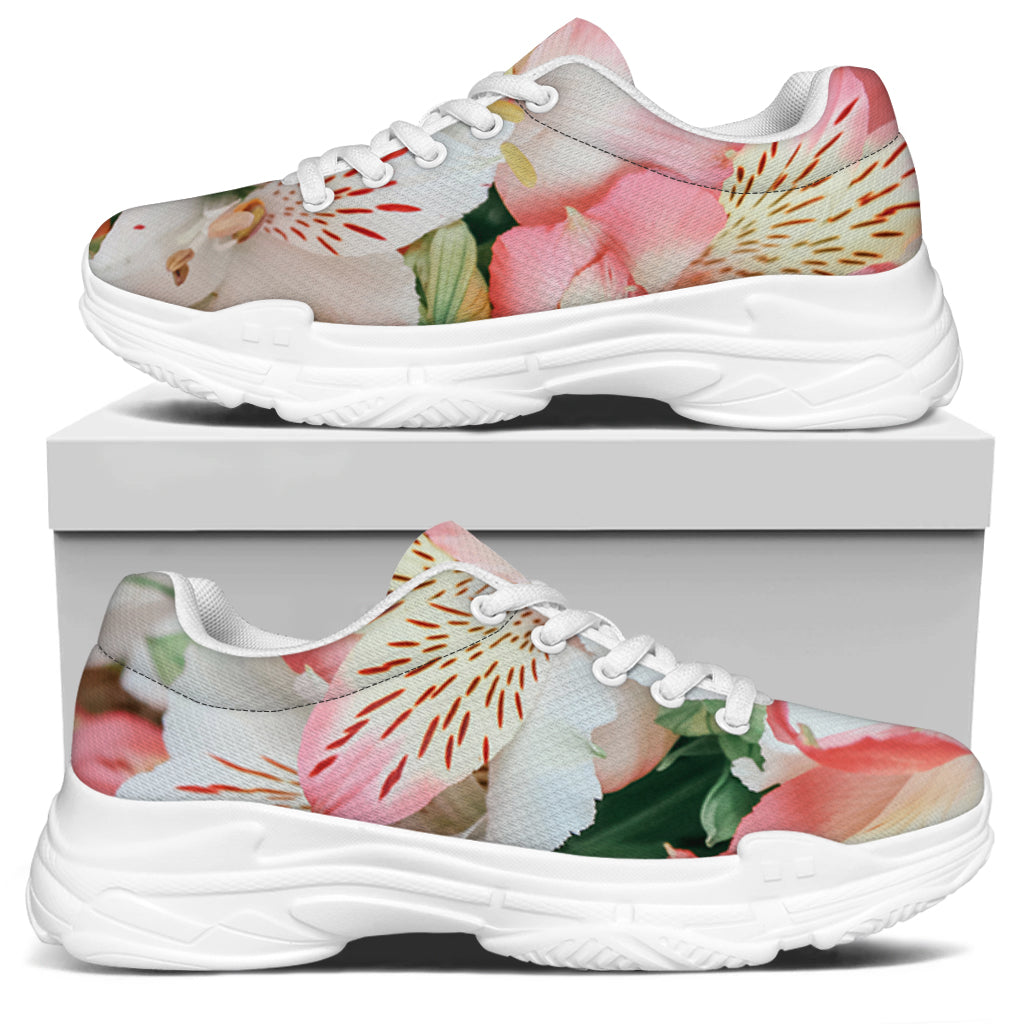 White And Pink Alstroemeria Print White Chunky Shoes