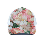 White And Pink Alstroemeria Print White Mesh Trucker Cap