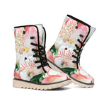 White And Pink Alstroemeria Print Winter Boots
