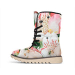 White And Pink Alstroemeria Print Winter Boots