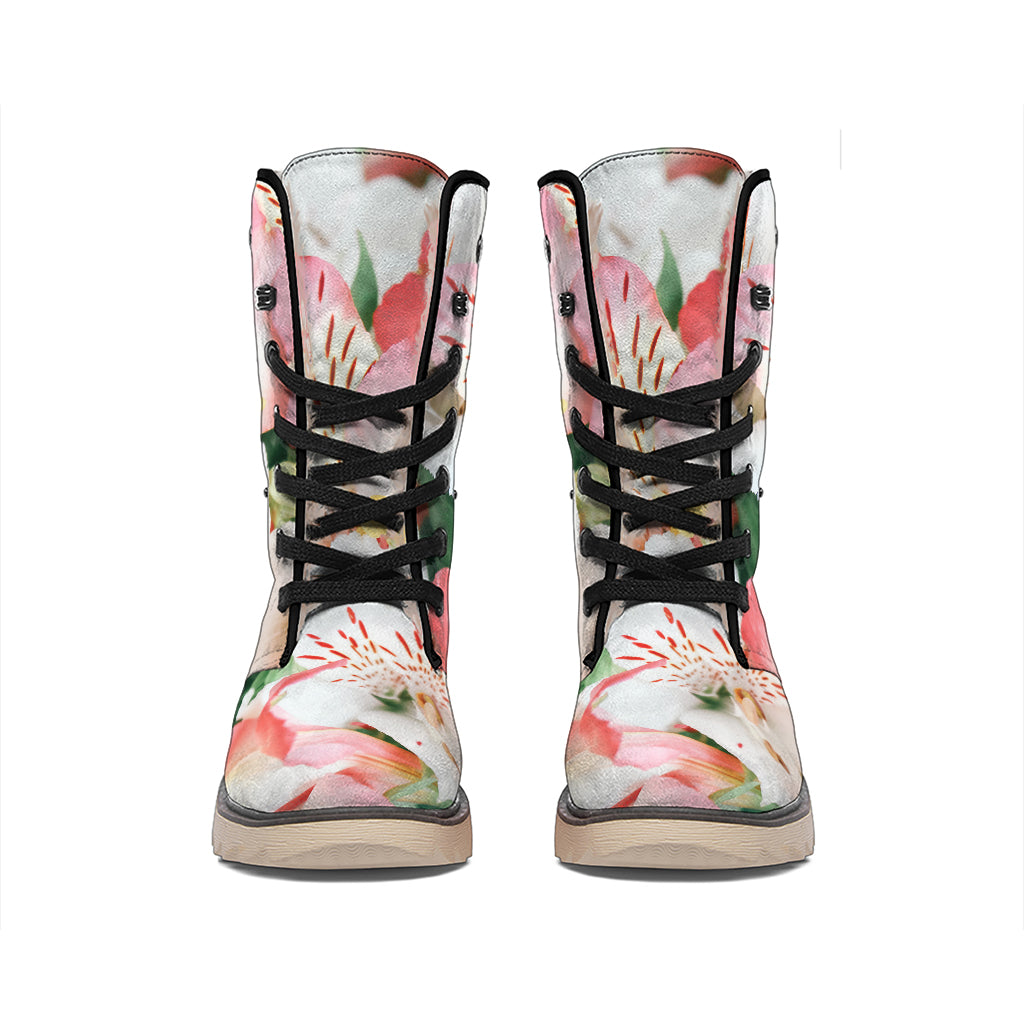 White And Pink Alstroemeria Print Winter Boots