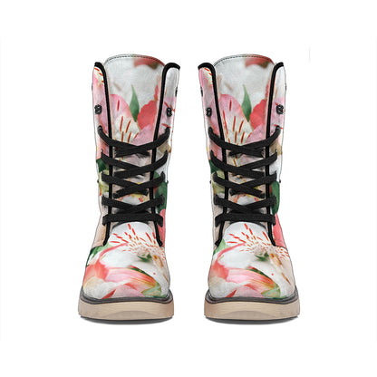 White And Pink Alstroemeria Print Winter Boots