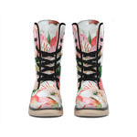 White And Pink Alstroemeria Print Winter Boots