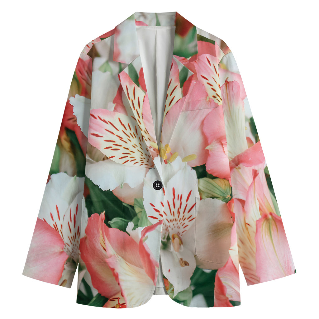 White And Pink Alstroemeria Print Women's Blazer