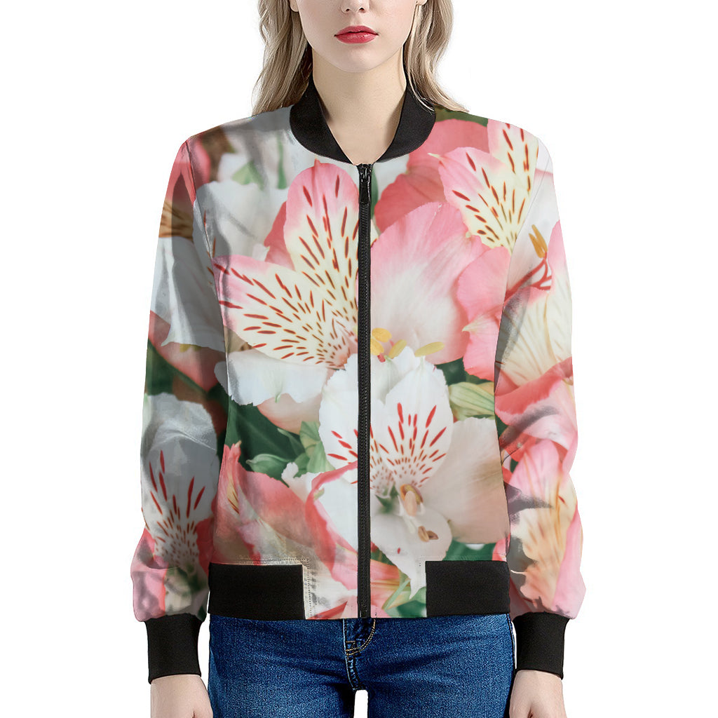 White And Pink Alstroemeria Print Women's Bomber Jacket