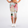White And Pink Alstroemeria Print Women's Capri Leggings