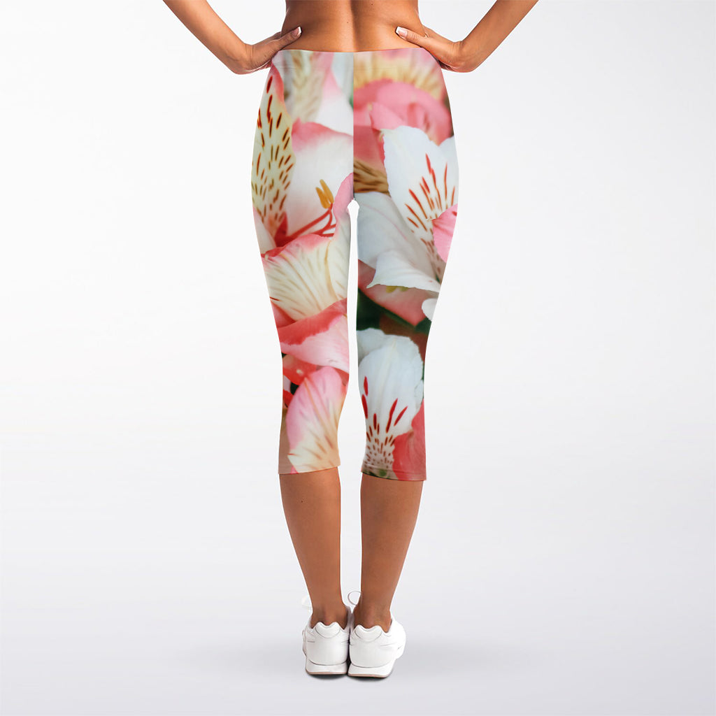 White And Pink Alstroemeria Print Women's Capri Leggings