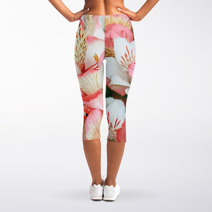White And Pink Alstroemeria Print Women's Capri Leggings