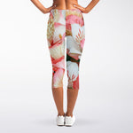 White And Pink Alstroemeria Print Women's Capri Leggings