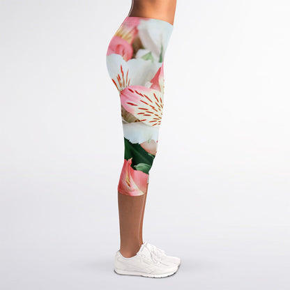 White And Pink Alstroemeria Print Women's Capri Leggings