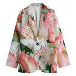 White And Pink Alstroemeria Print Women's Cotton Blazer