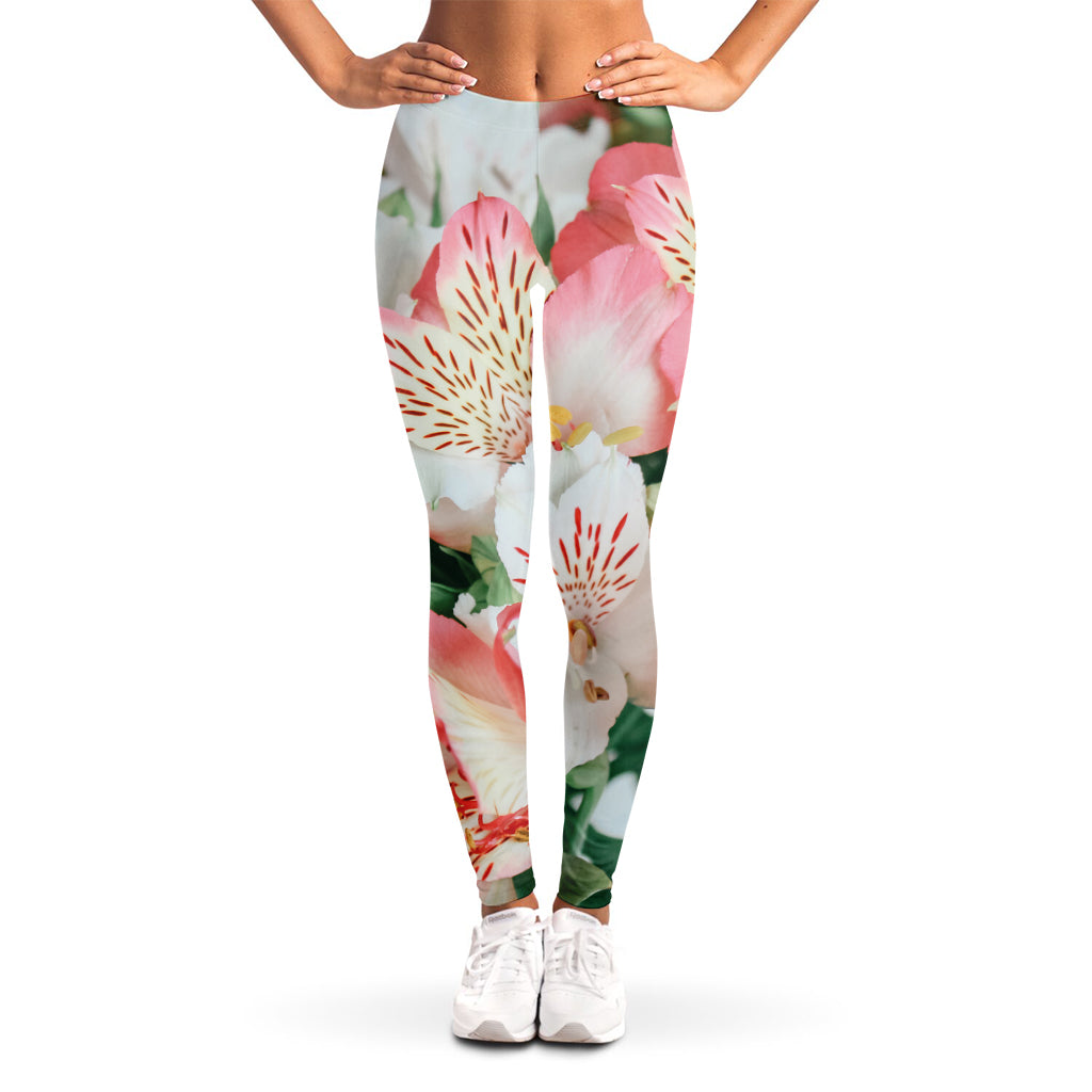 White And Pink Alstroemeria Print Women's Leggings