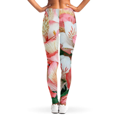 White And Pink Alstroemeria Print Women's Leggings
