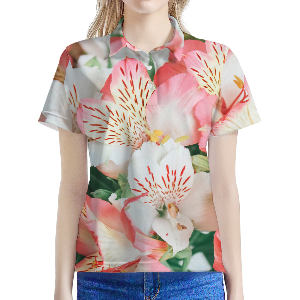 White And Pink Alstroemeria Print Women's Polo Shirt