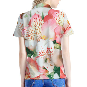 White And Pink Alstroemeria Print Women's Polo Shirt