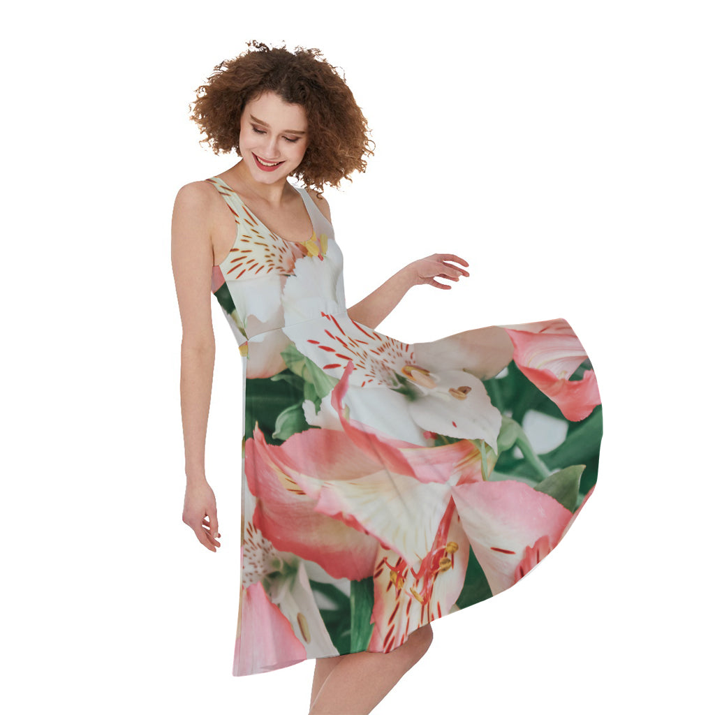 White And Pink Alstroemeria Print Women's Sleeveless Dress