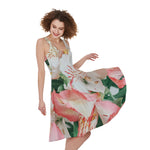 White And Pink Alstroemeria Print Women's Sleeveless Dress