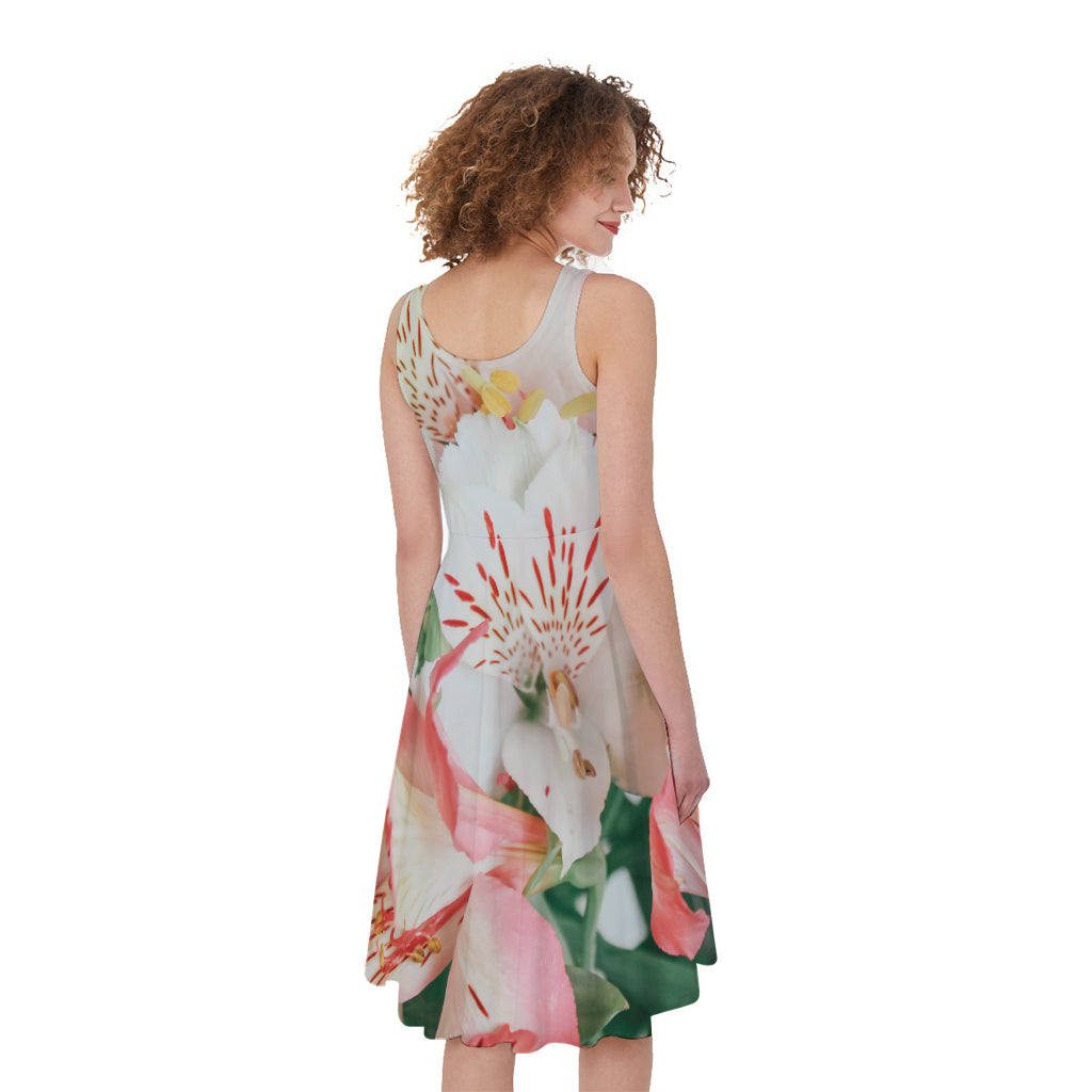 White And Pink Alstroemeria Print Women's Sleeveless Dress