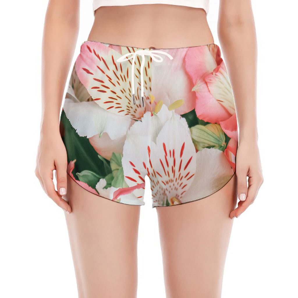 White And Pink Alstroemeria Print Women's Split Running Shorts