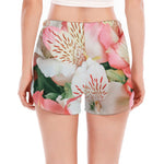 White And Pink Alstroemeria Print Women's Split Running Shorts