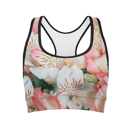 White And Pink Alstroemeria Print Women's Sports Bra