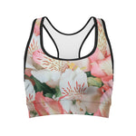 White And Pink Alstroemeria Print Women's Sports Bra