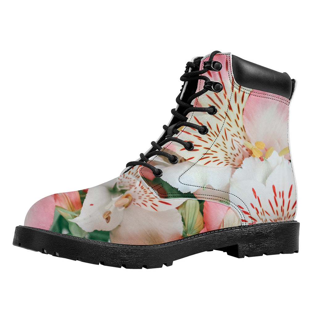 White And Pink Alstroemeria Print Work Boots
