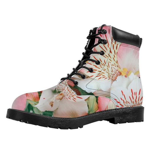 White And Pink Alstroemeria Print Work Boots