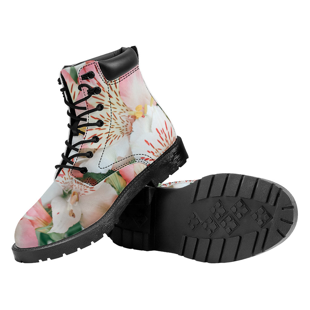 White And Pink Alstroemeria Print Work Boots