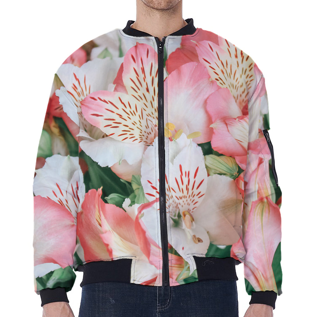 White And Pink Alstroemeria Print Zip Sleeve Bomber Jacket