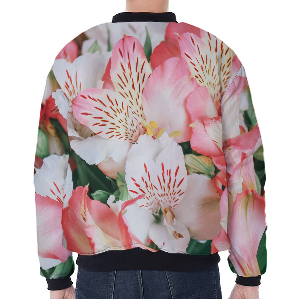 White And Pink Alstroemeria Print Zip Sleeve Bomber Jacket