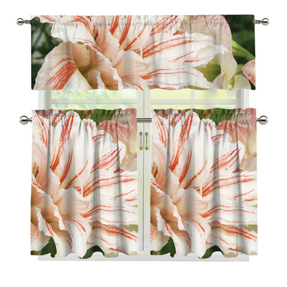 White And Pink Amaryllis Print 3 Piece Kitchen Curtains
