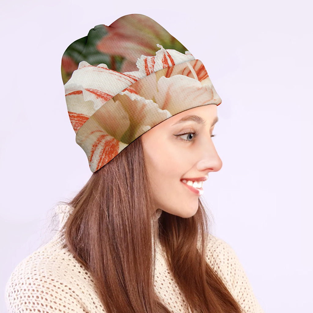 White And Pink Amaryllis Print Beanie