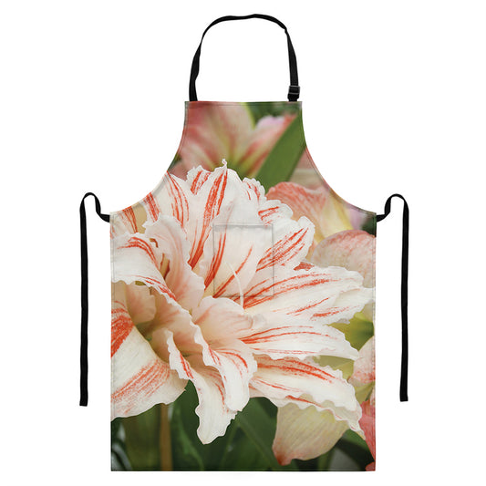 White And Pink Amaryllis Print Bib Apron With Pocket