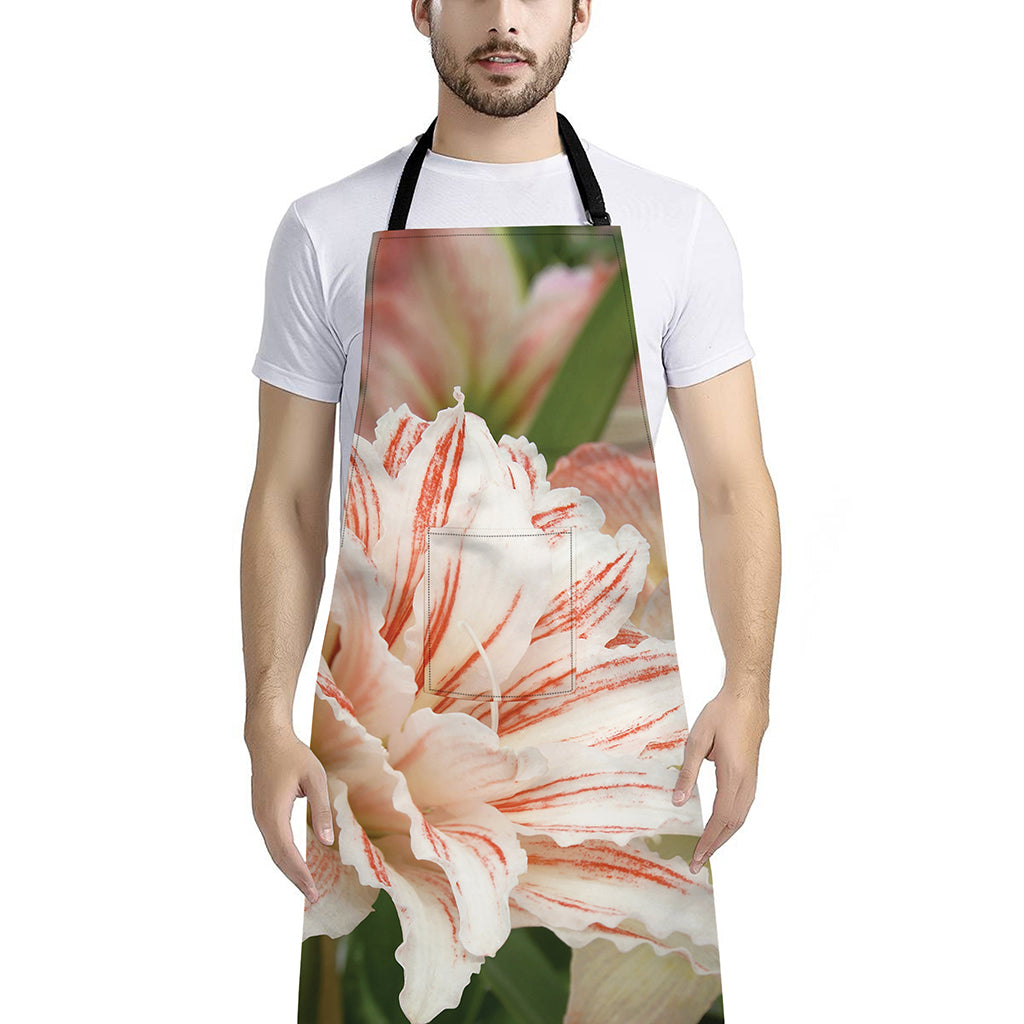 White And Pink Amaryllis Print Bib Apron With Pocket