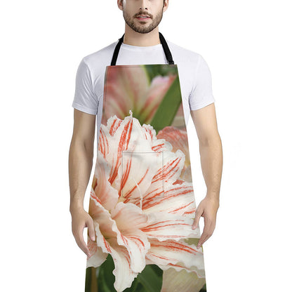 White And Pink Amaryllis Print Bib Apron With Pocket