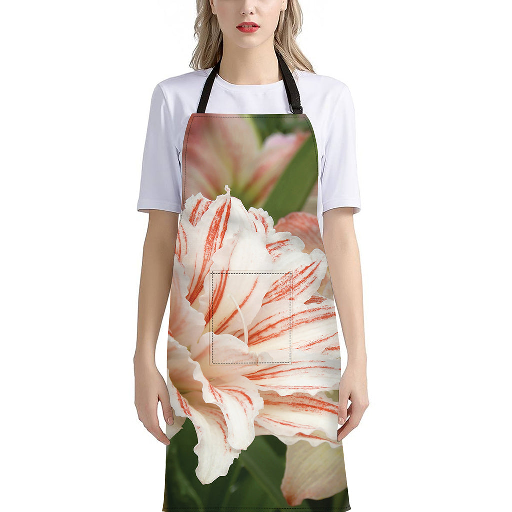 White And Pink Amaryllis Print Bib Apron With Pocket