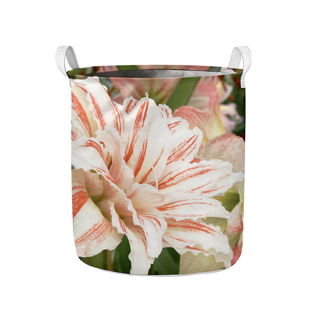 White And Pink Amaryllis Print Collapsible Laundry Basket