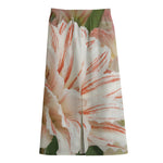 White And Pink Amaryllis Print Cotton Front Slit Maxi Skirt