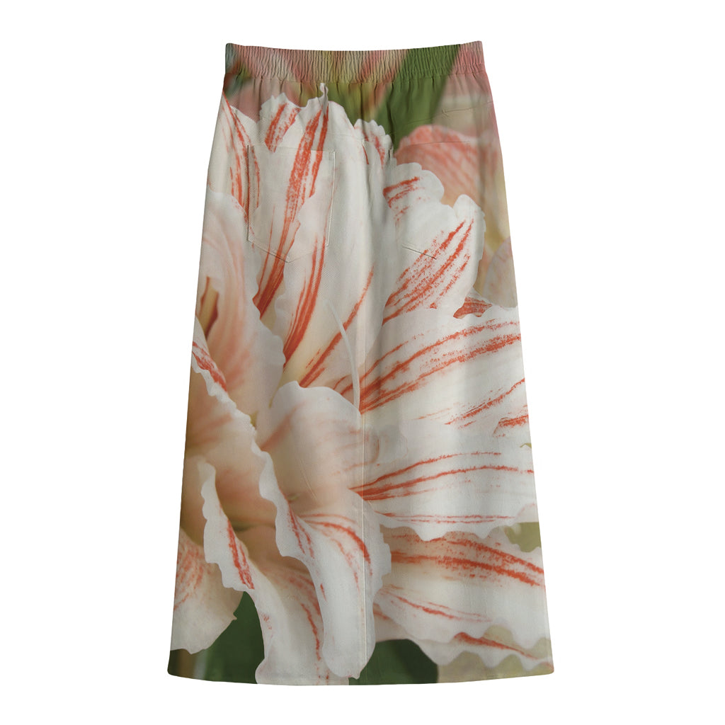 White And Pink Amaryllis Print Cotton Front Slit Maxi Skirt