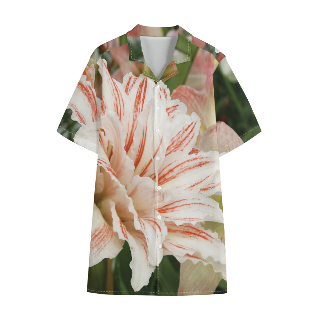 White And Pink Amaryllis Print Cotton Hawaiian Shirt