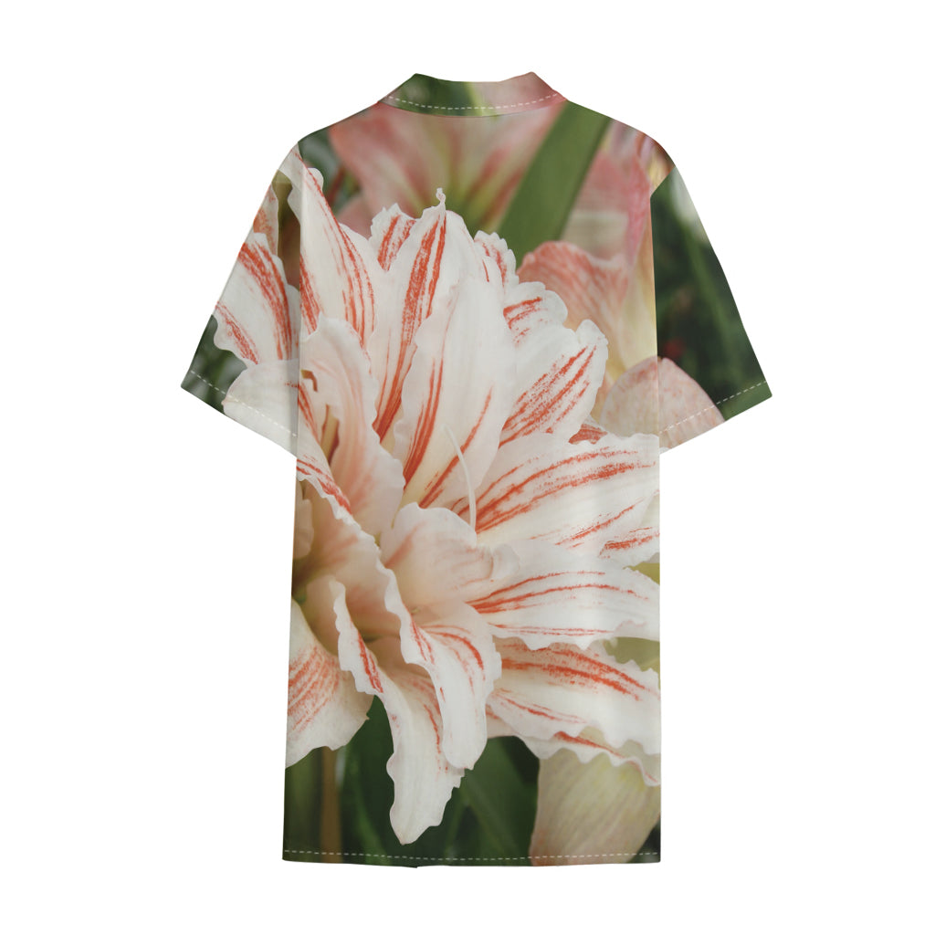 White And Pink Amaryllis Print Cotton Hawaiian Shirt