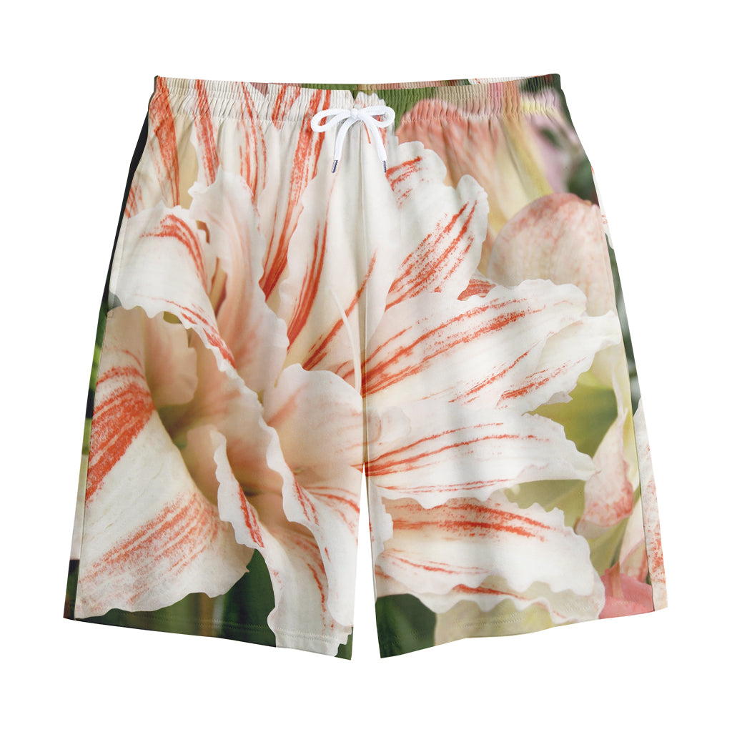 White And Pink Amaryllis Print Cotton Shorts