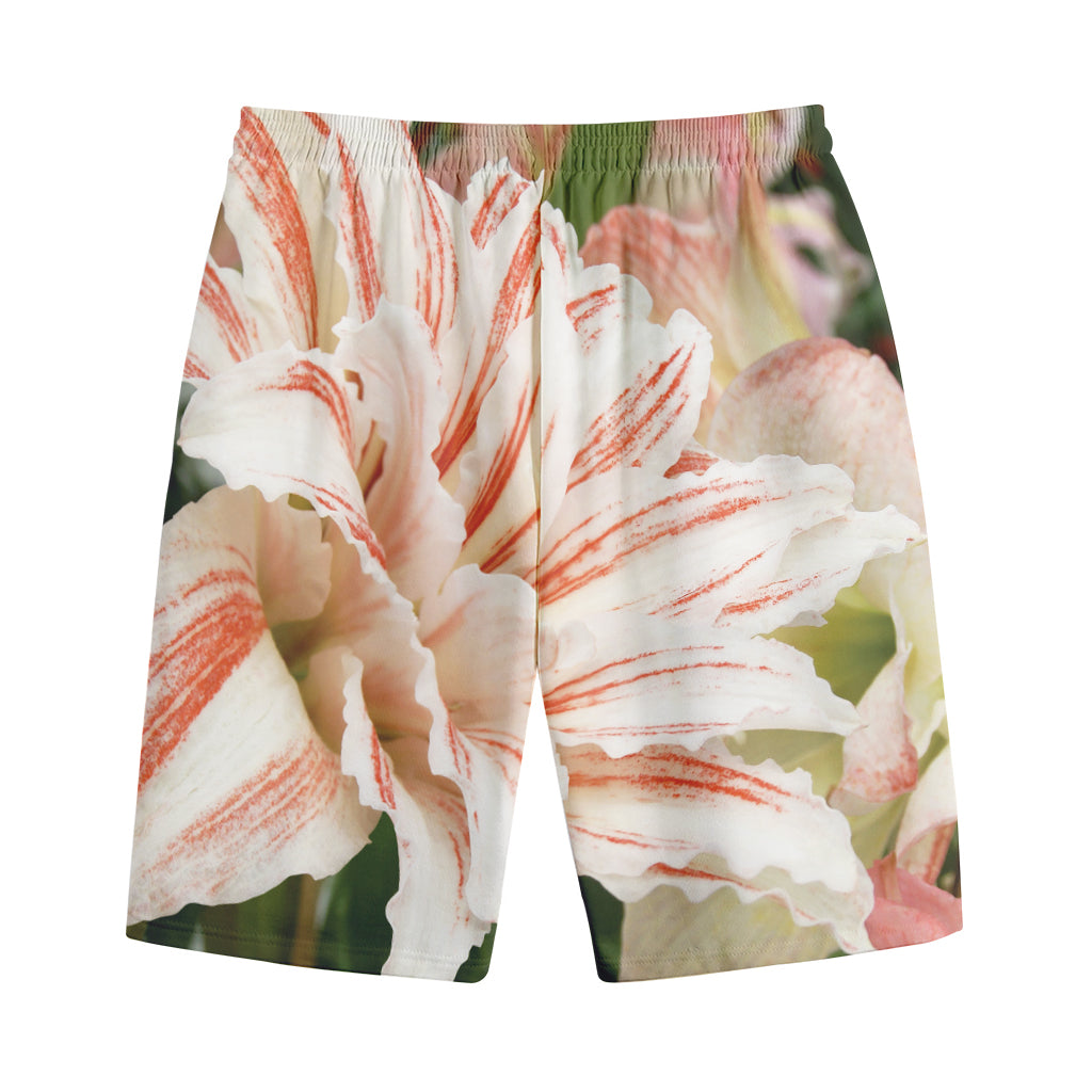 White And Pink Amaryllis Print Cotton Shorts