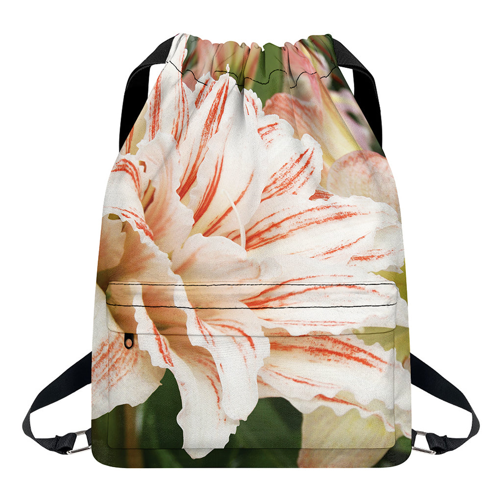 White And Pink Amaryllis Print Drawstring Backpack