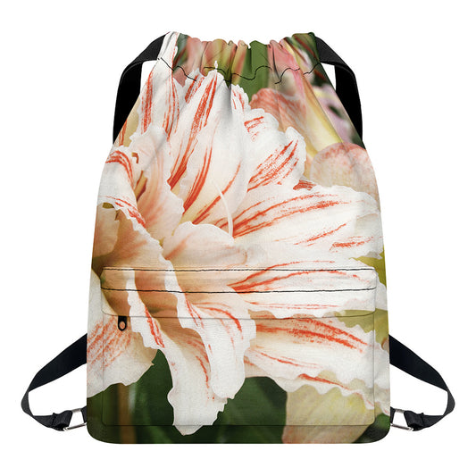 White And Pink Amaryllis Print Drawstring Backpack