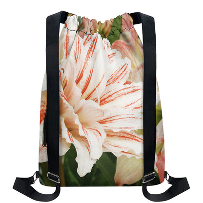 White And Pink Amaryllis Print Drawstring Backpack