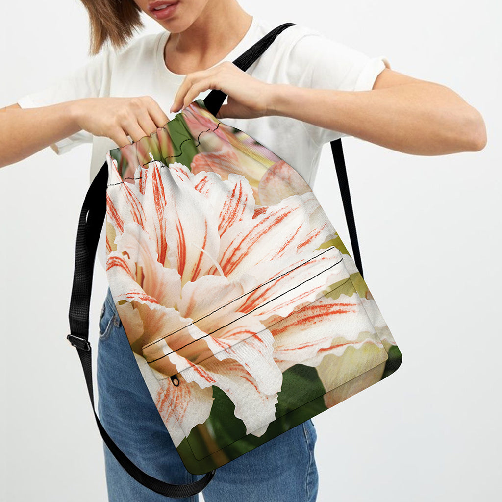 White And Pink Amaryllis Print Drawstring Backpack
